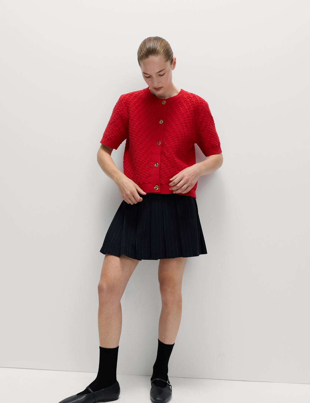 M&S Pinstripe Pleated Mini Skirt Navy Mix