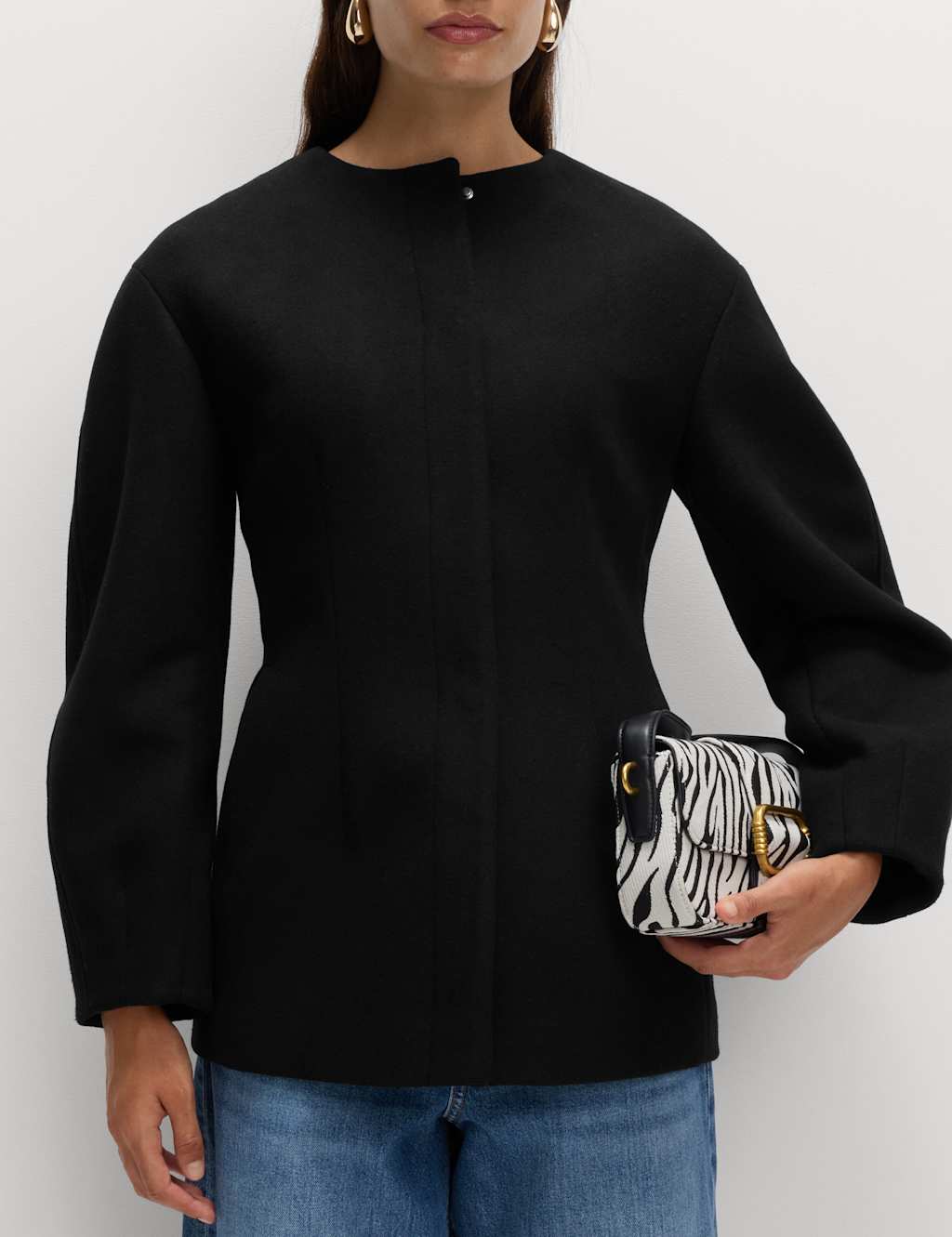 M&S Waisted Collarless Tailored Coat with Wool Black