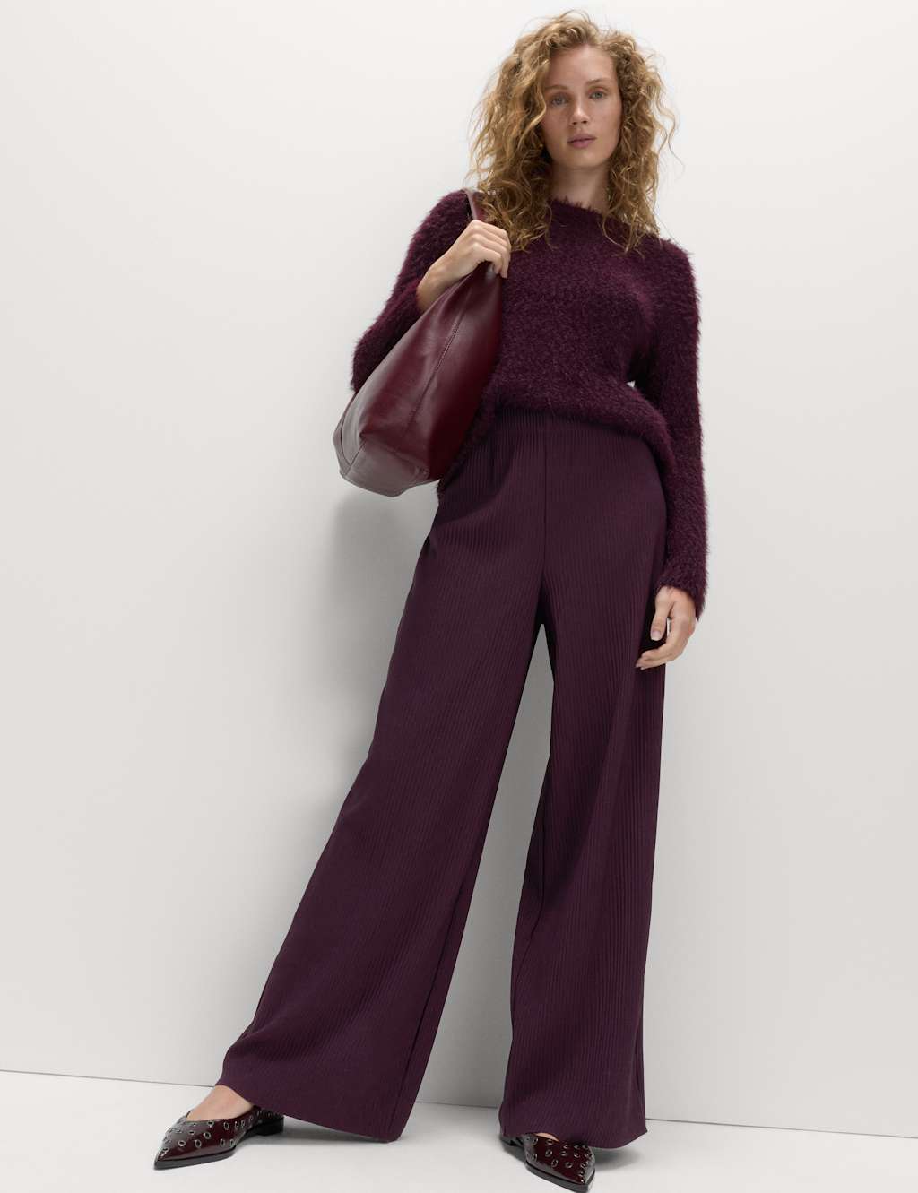 M&S Plisse Elasticated Waist Trousers Dark Aubergine