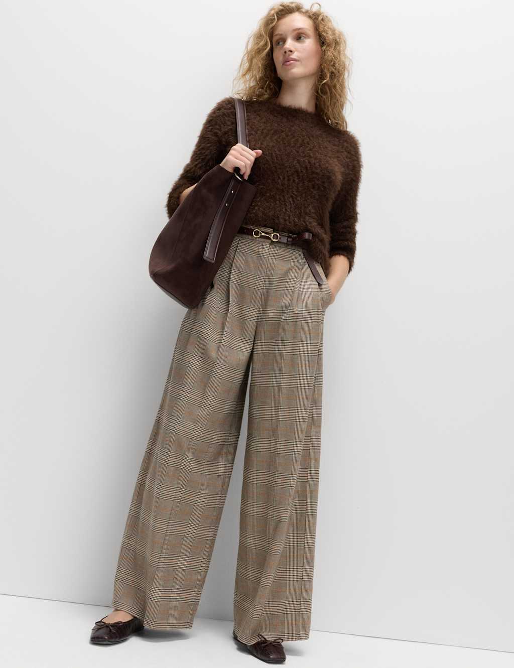 M&S Checked Side Tab Back Pleated Trousers Brown Mix