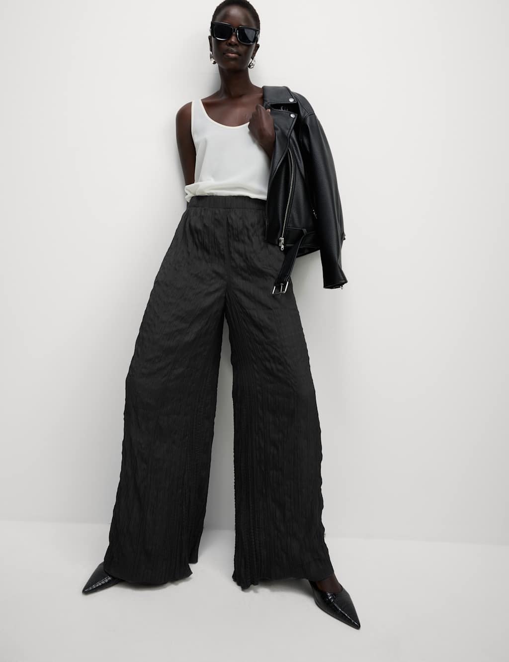 Plisse Wide Leg Trousers
