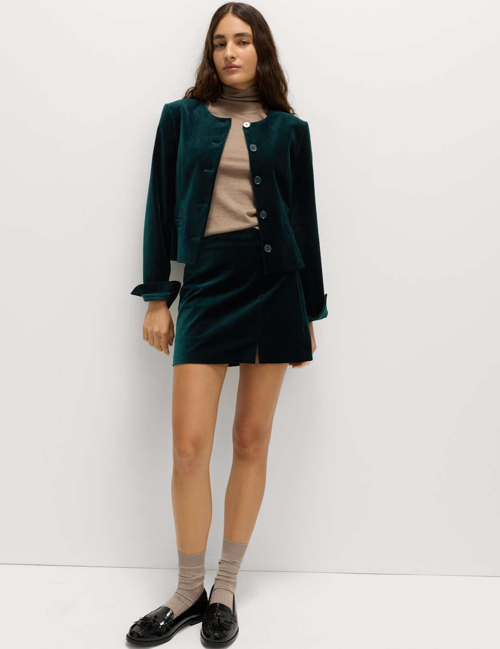 M&S Cotton Rich Velvet Mini A-Line Skirt Green