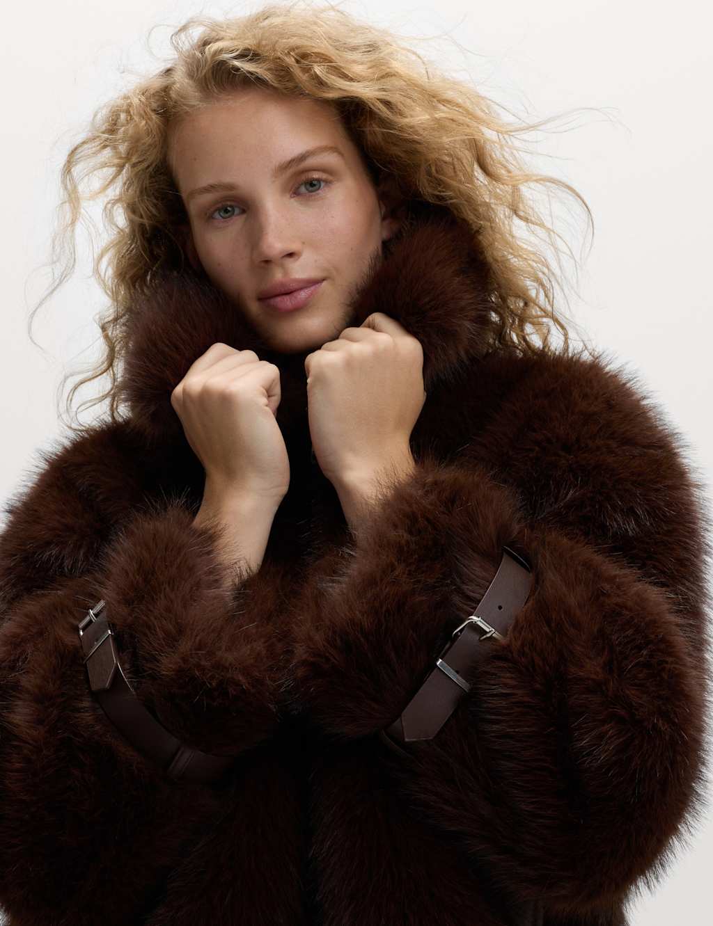 M&S Faux Fur Aviator Coat Chocolate