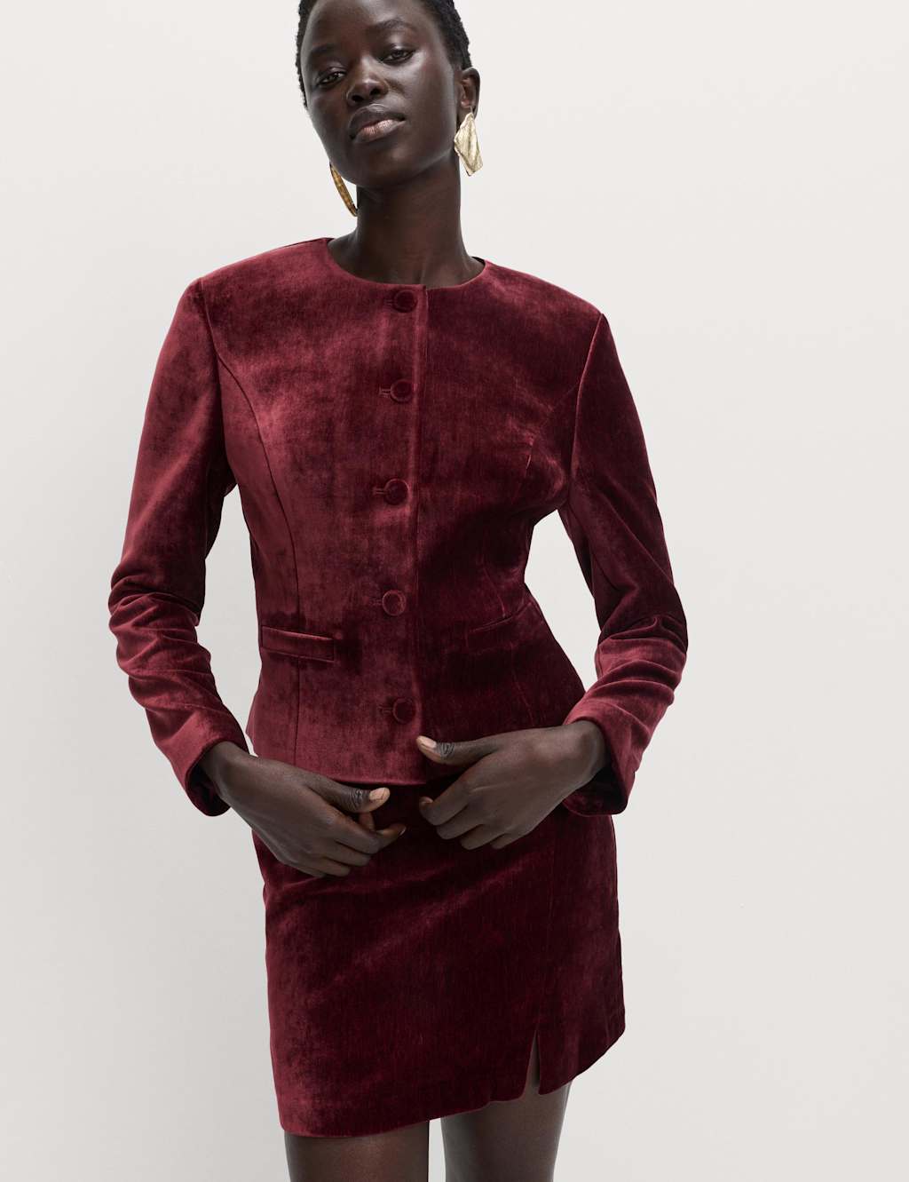 M&S Velvet Mottled Colarless Fitted Jacket Burgundy