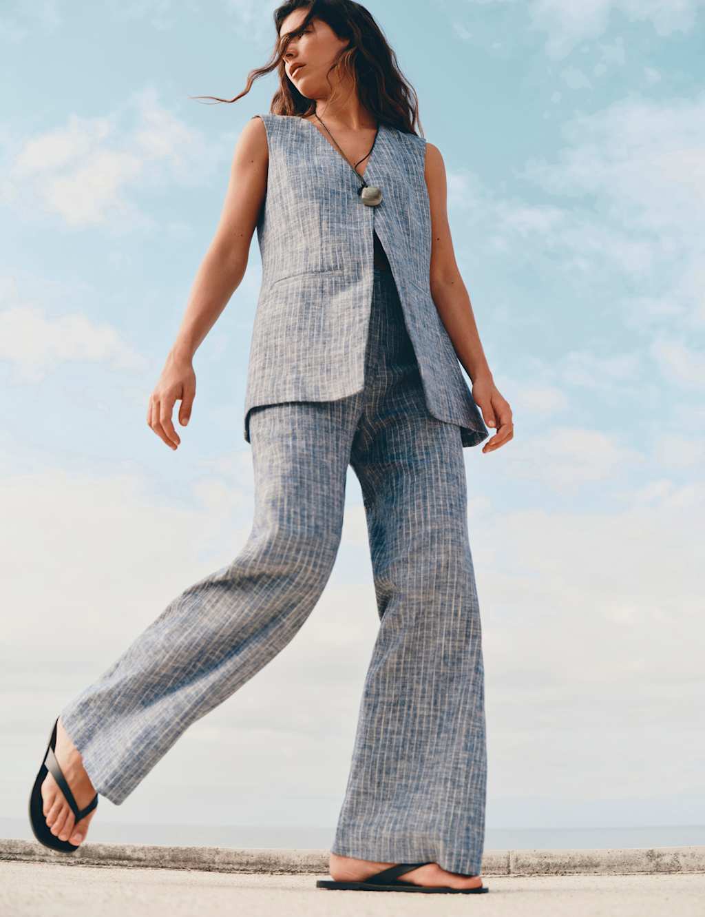 M&S Women's Linen Blend Striped Waistcoat - 6 - Blue Mix