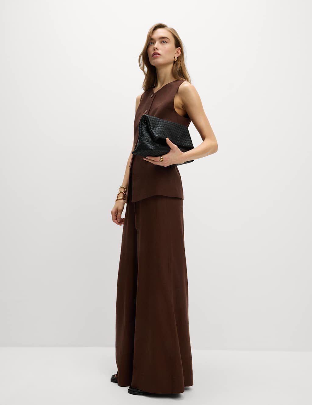 Linen Blend Drawstring Wide Leg Trousers