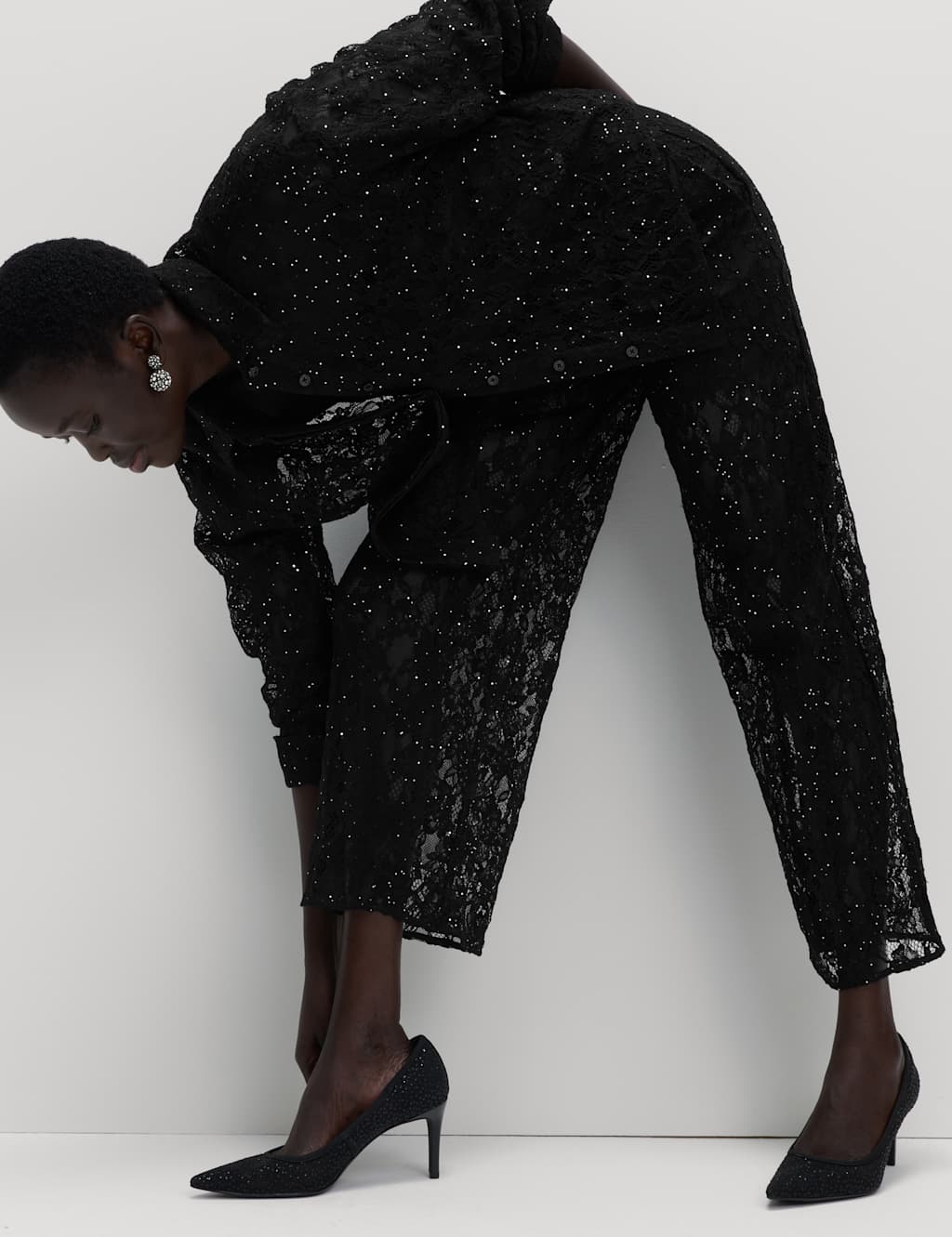 M&S Lace Diamante Wide Leg Trousers with Stretch Black