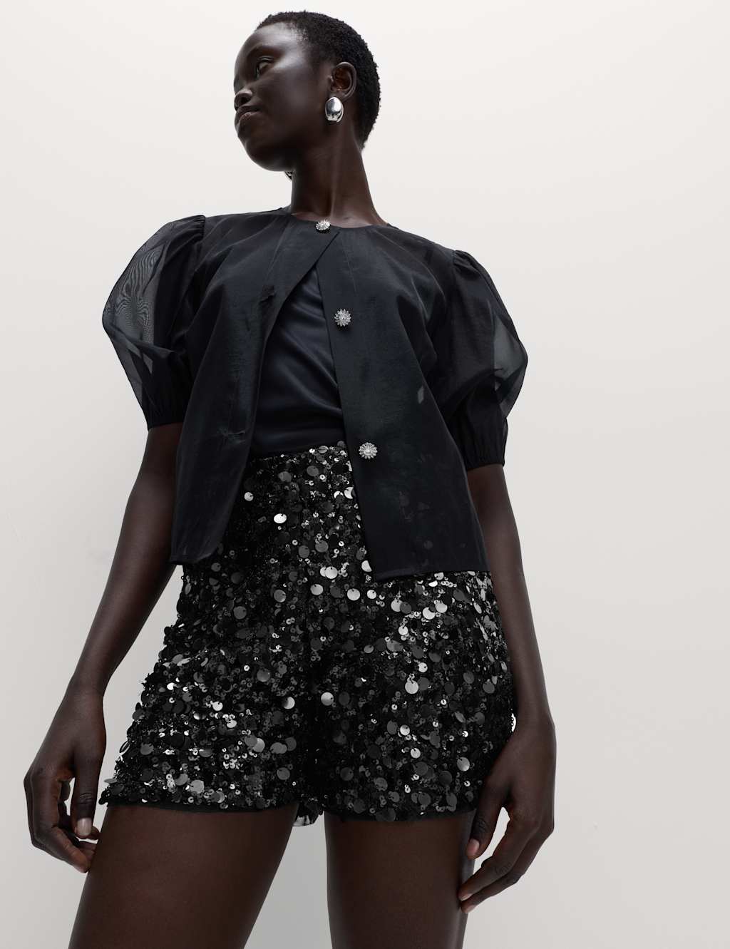 M&S Sequin High Waisted Shorts Black