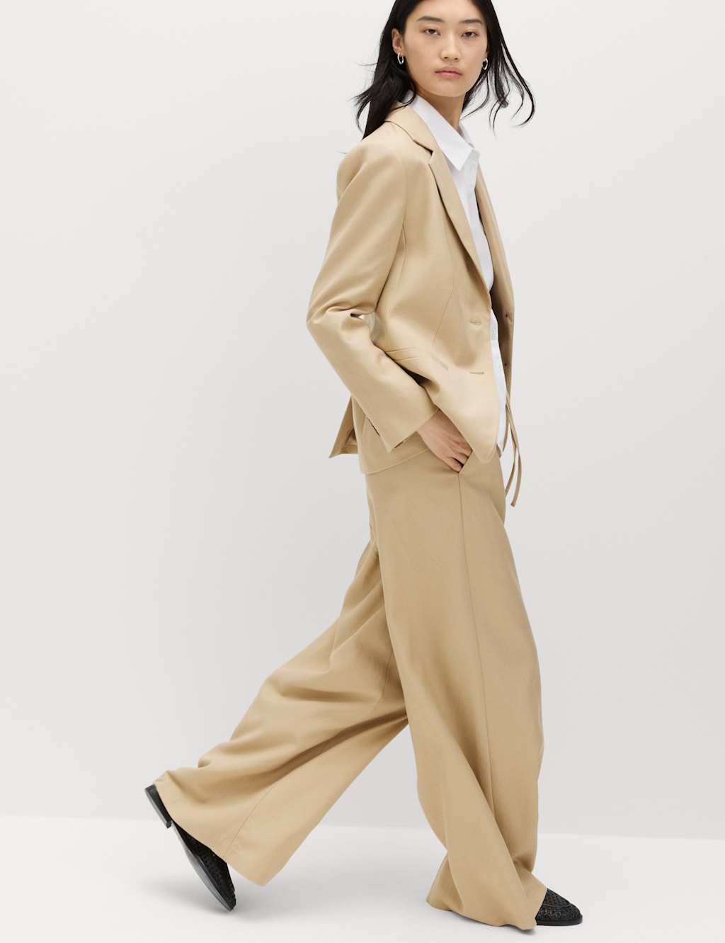 M&S Women's Lyocell Rich Palazzo Trousers with Linen - 18 - Sandstone