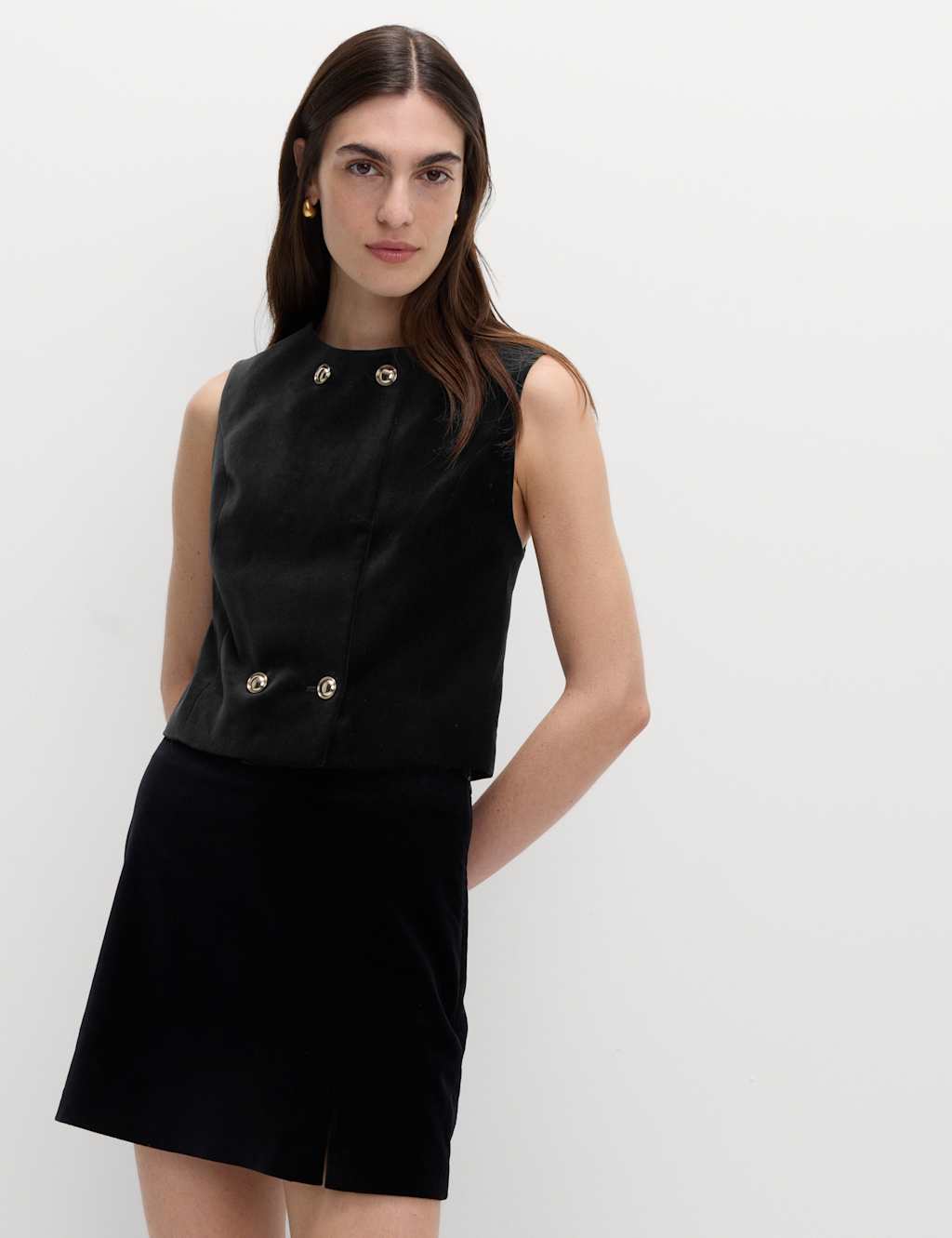 M&S Velvet Cotton Rich Double Breasted Waistcoat Black