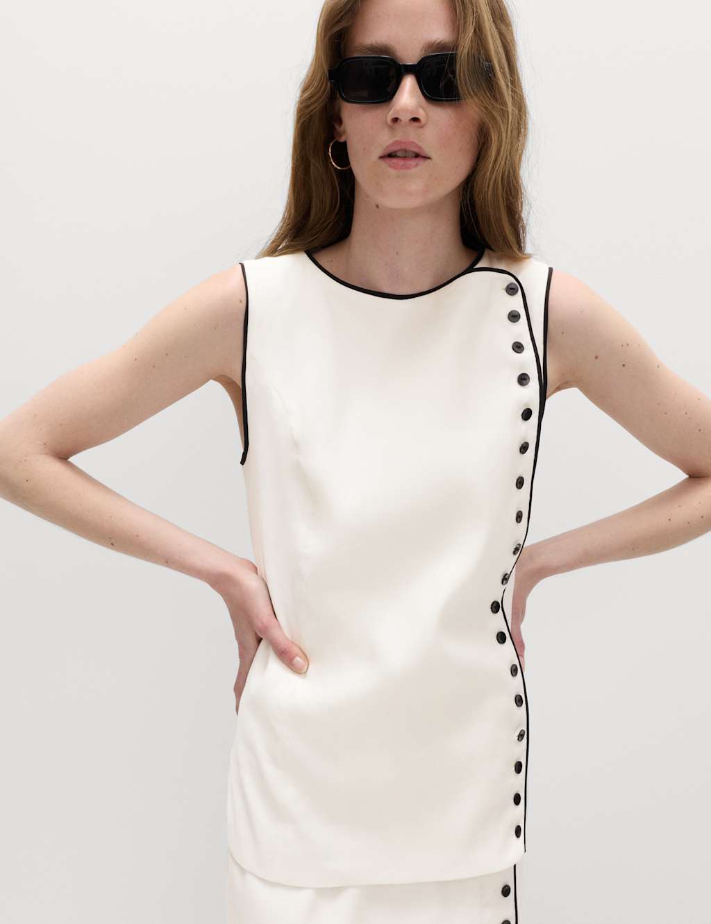 M&S Women's Linen Blend Contrast Piping Waistcoat - 10 - Ivory Mix