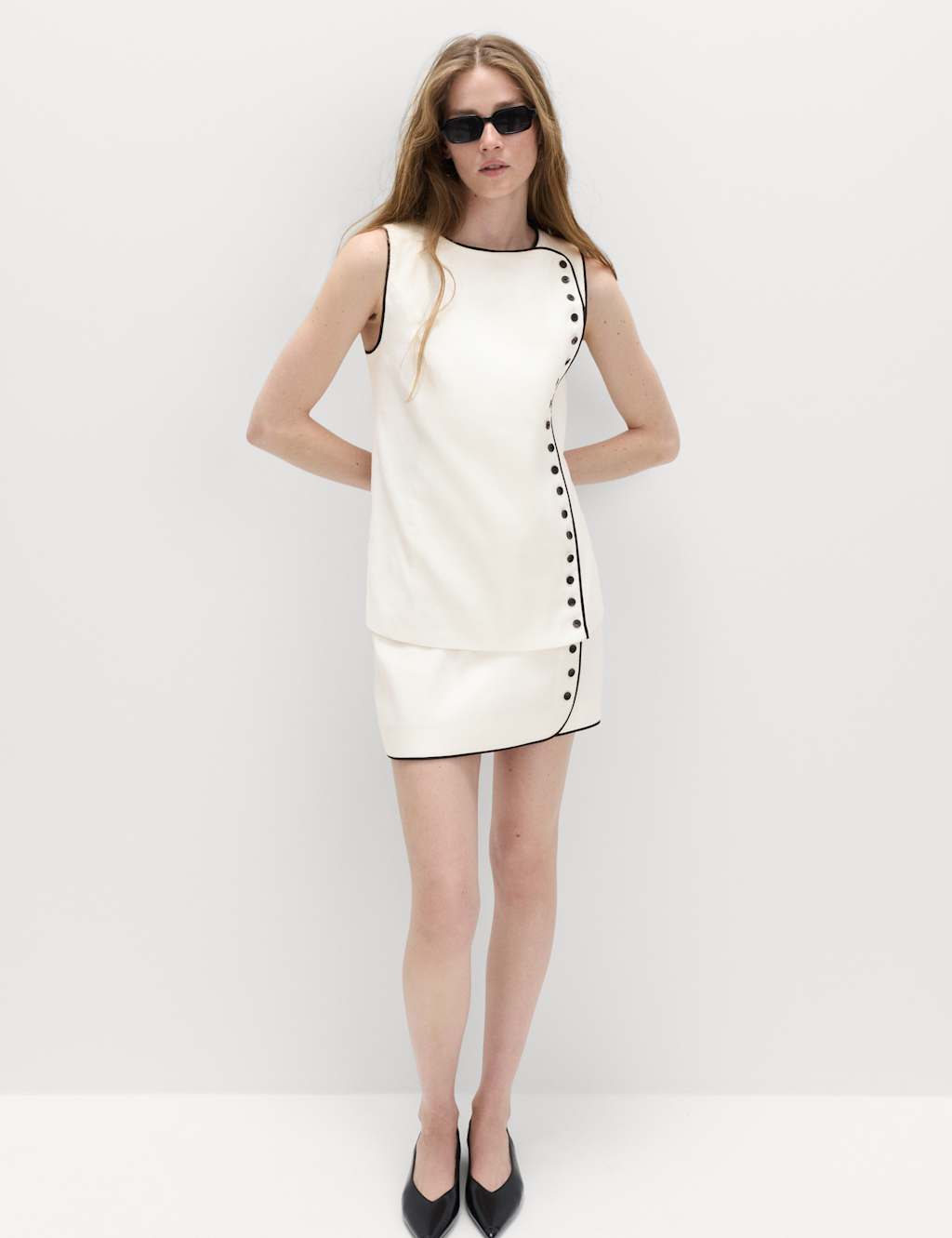 M&S Women's Linen Blend Contrast Piping Mini Skirt - 16 - Ivory Mix