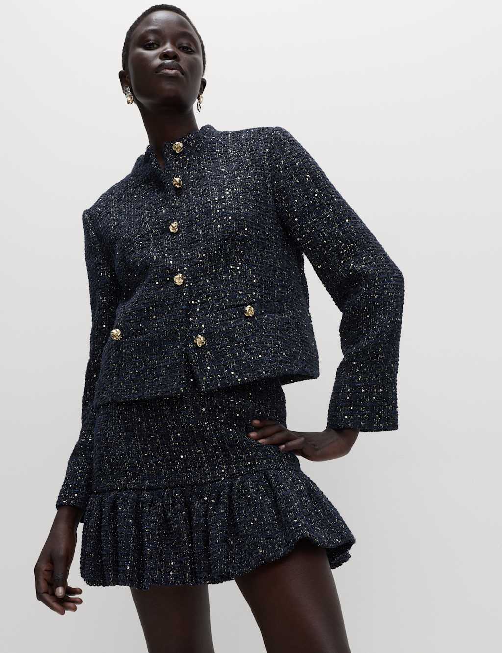 M&S Sequin Sparkle Tweed Tiered Mini Skirt Navy Mix