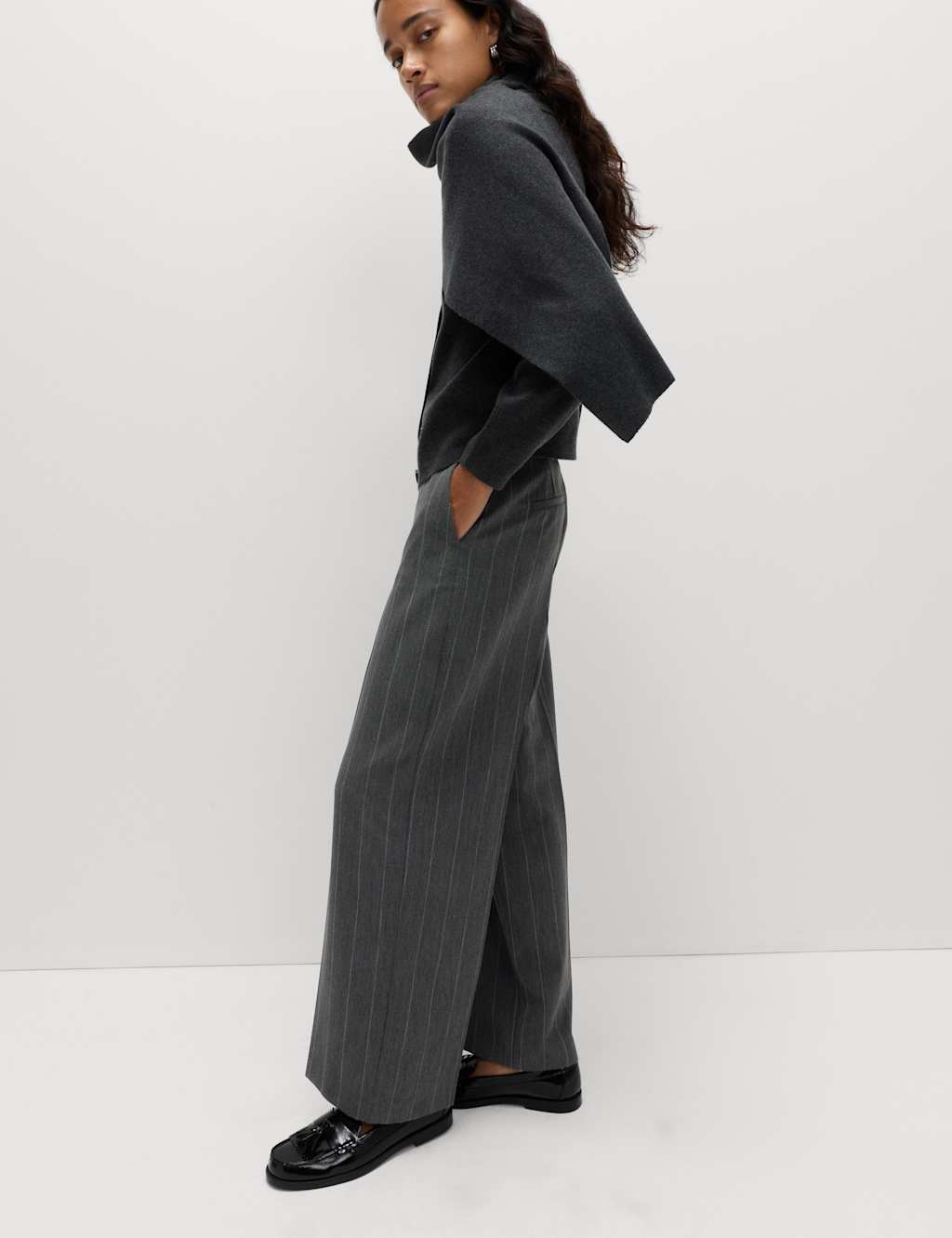 M&S Pinstripe Wide Leg Trousers Grey Mix