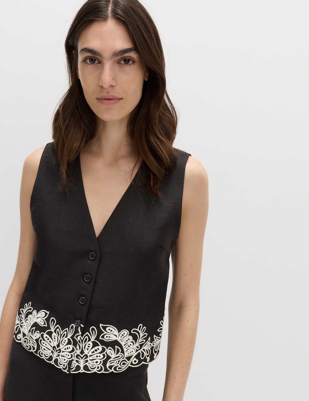 M&S Women's Modal Rich Cutwork Trim Waistcoat with Linen - 8 - Black Mix