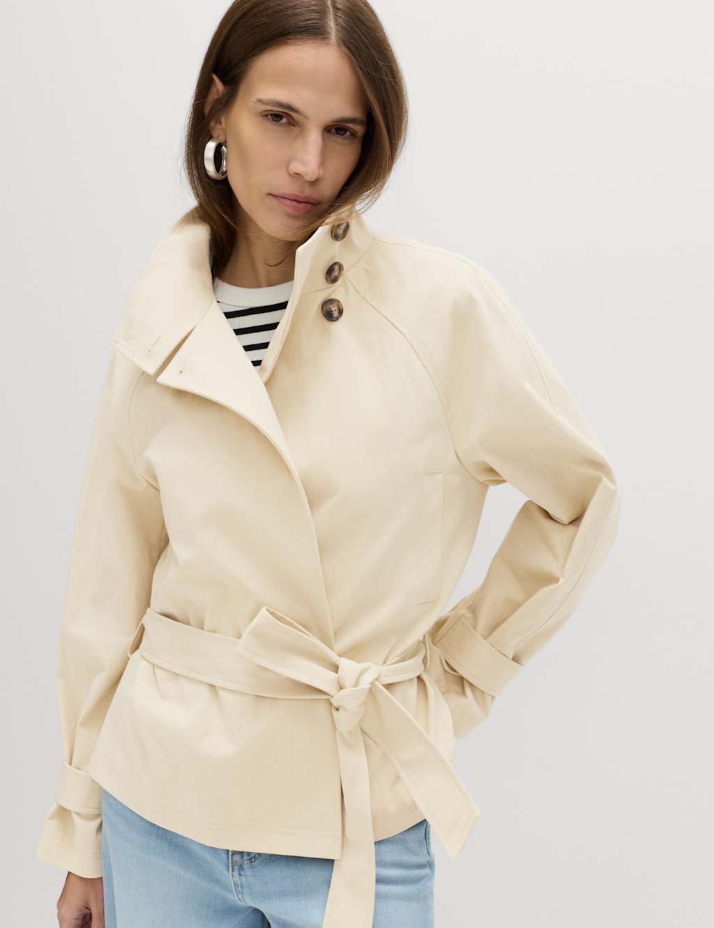 M&S Women's Funnel Neck Belted Short Trench Style Coat - 8 - Neutral