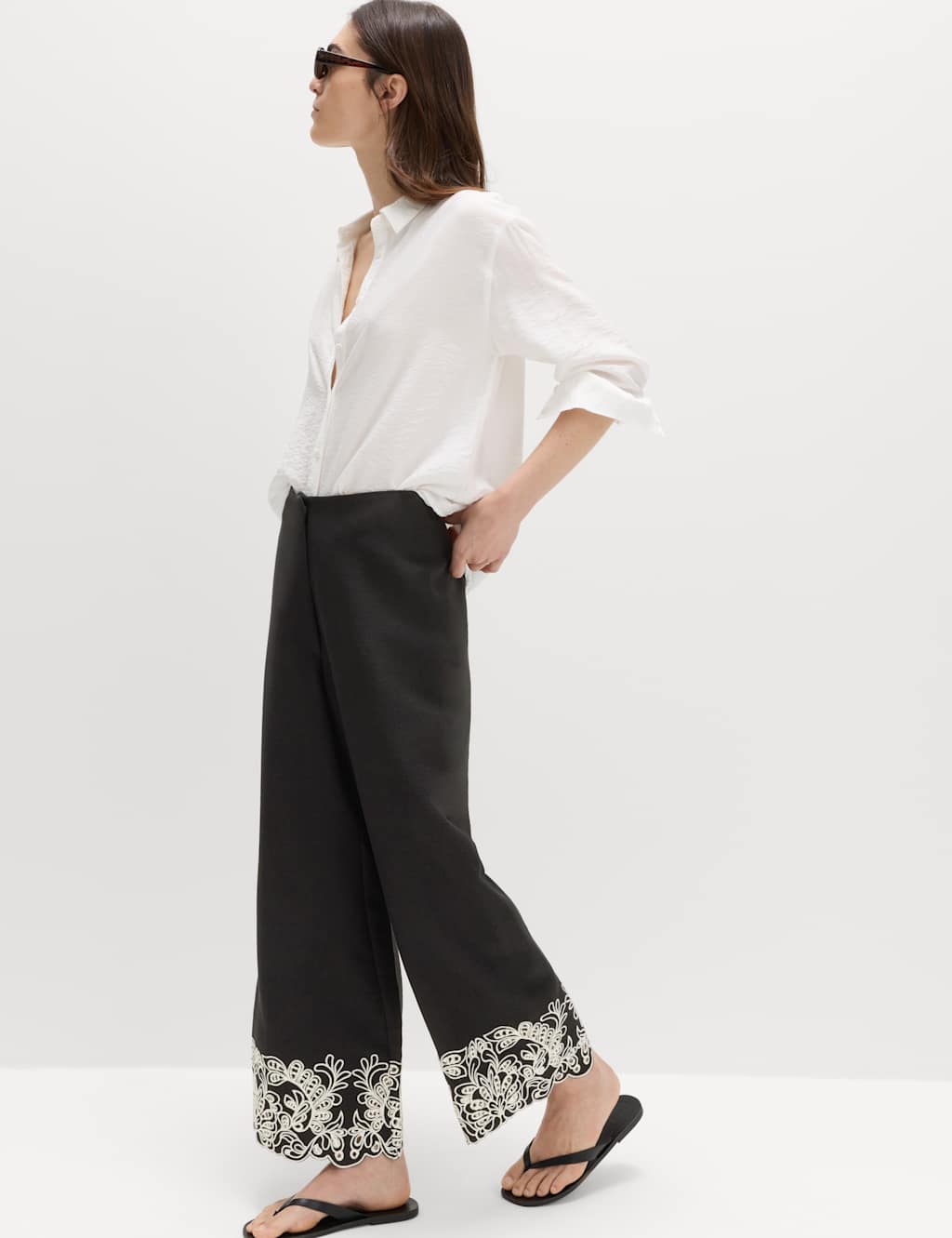 M&S Women's Modal Rich Embroidered Straight Leg Trousers - 16 - Black Mix