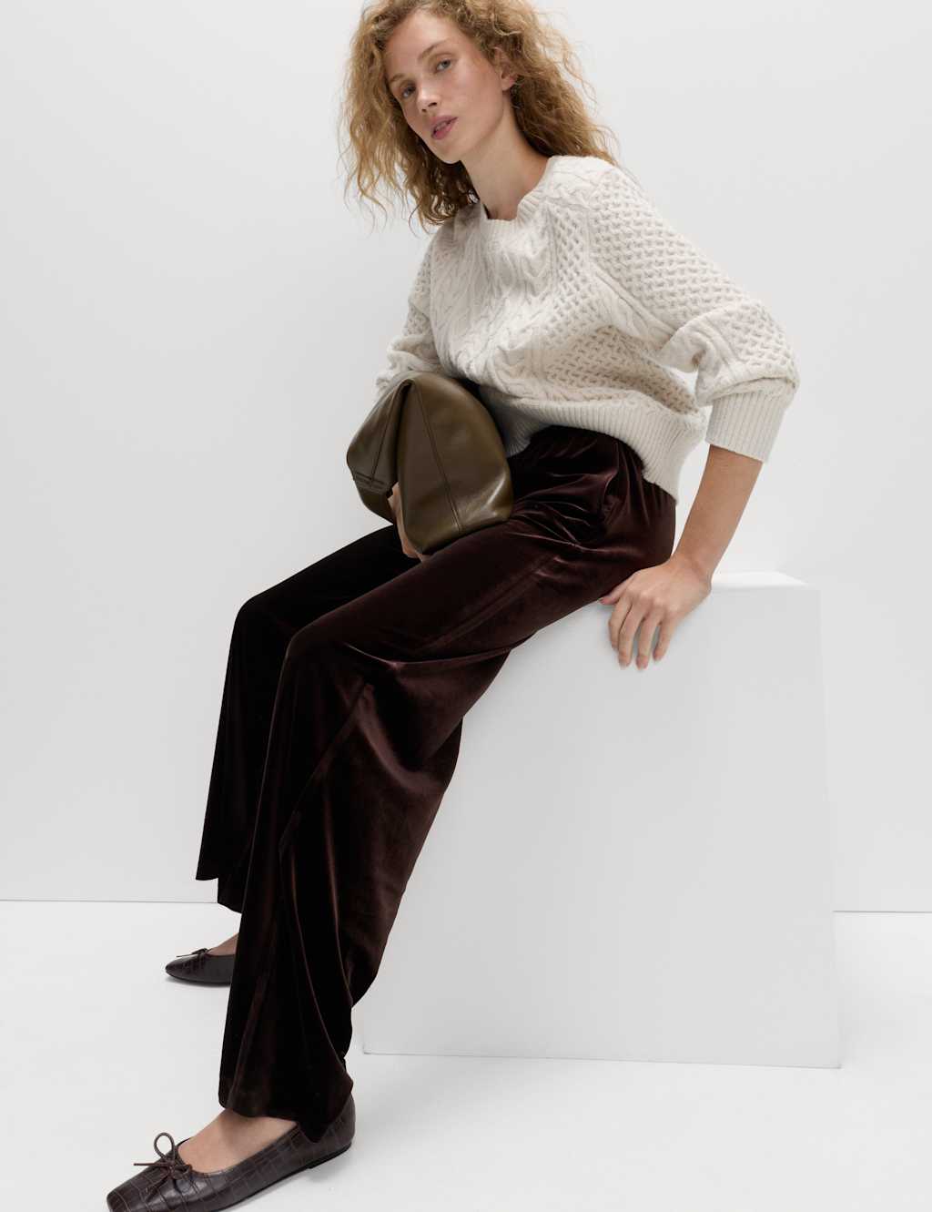 M&S Fluid Velvet Wide Leg Trousers Chocolate