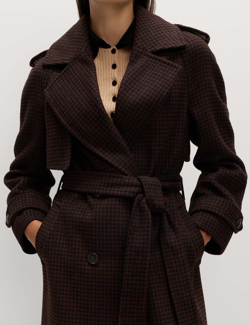 M&S Checked Belted Longline Tailored Coat Brown Mix