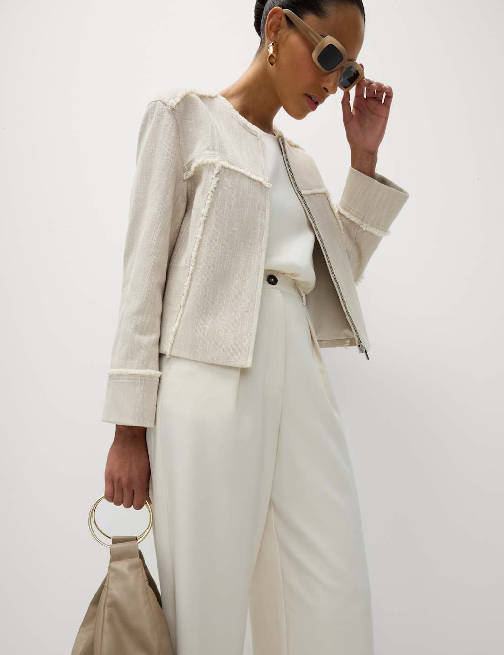 Pure Cotton Collarless Frayed Edge Jacket