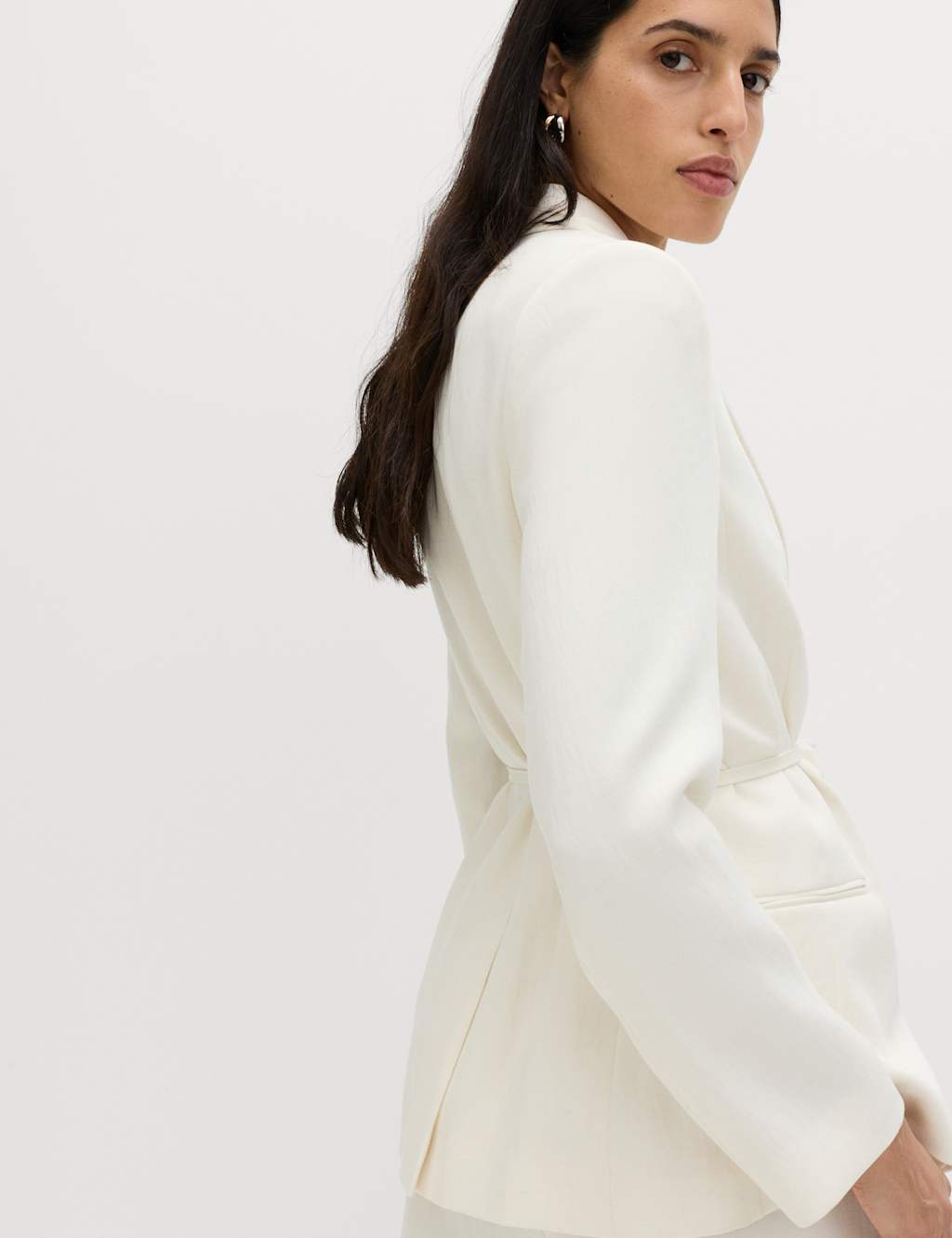 M&S Women's Tie Belted Blazer with Linen - 22 - Ivory