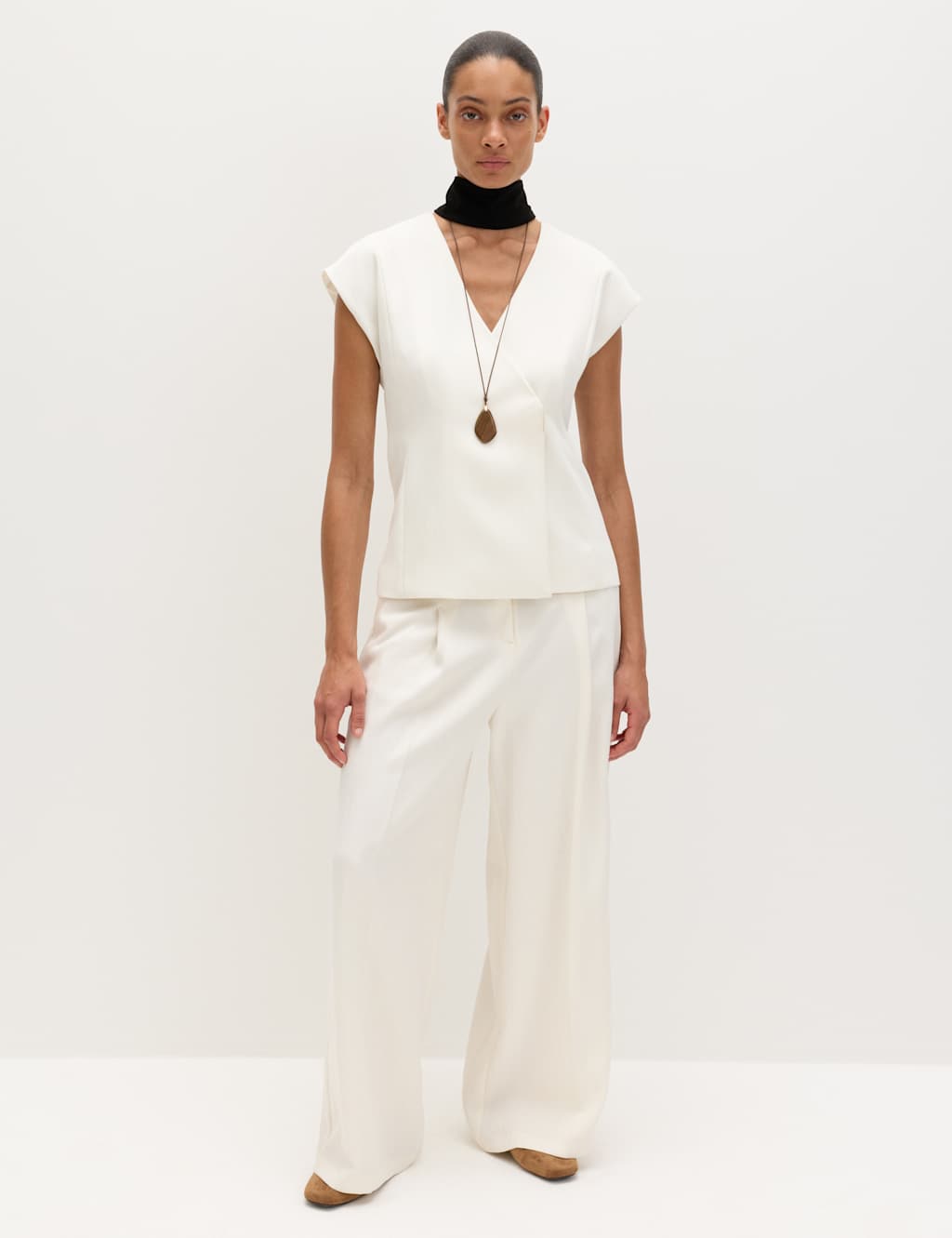 M&S Women's Single Pleat Wide Leg Trousers with Linen - 16 - Ivory