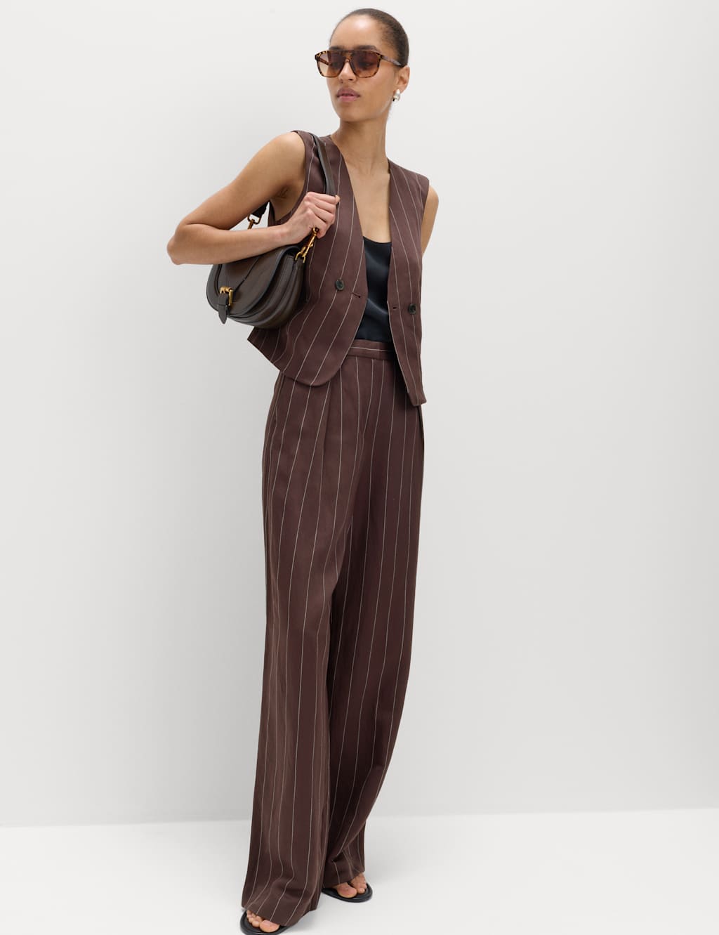 M&S Women's Linen Blend Pinstripe Relaxed Straight Trousers - 18 - Chocolate Mix