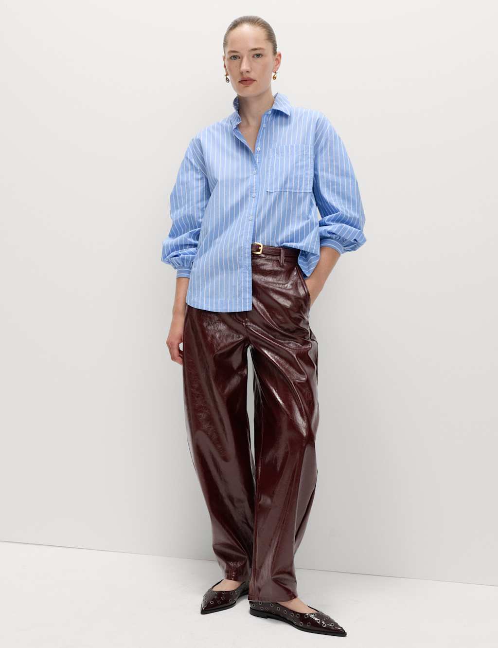 M&S Leather Look Textured Barrel Leg Trousers Wine
