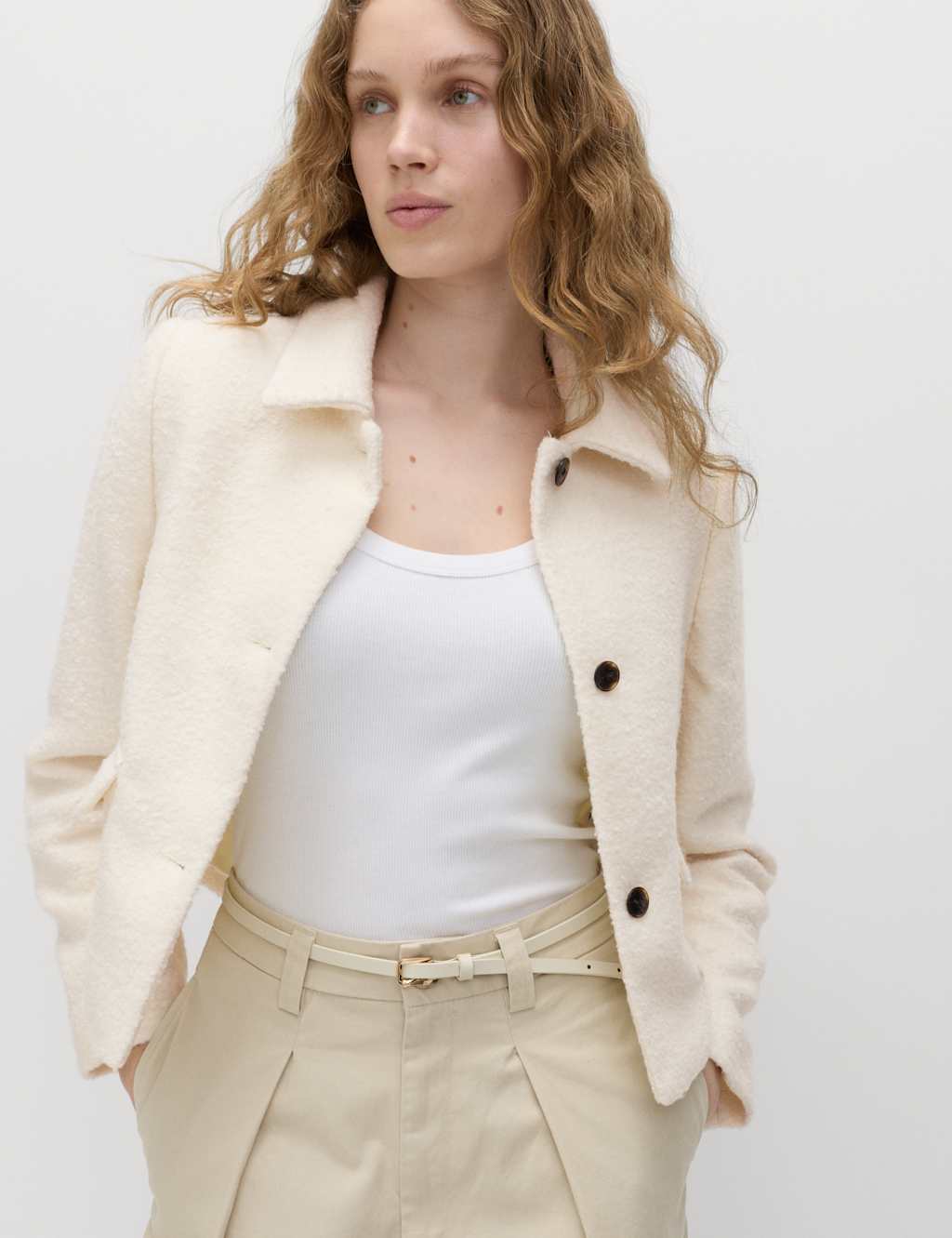 M&S Women's Tweed Textured Collared Jacket with Wool - 8 - Ivory