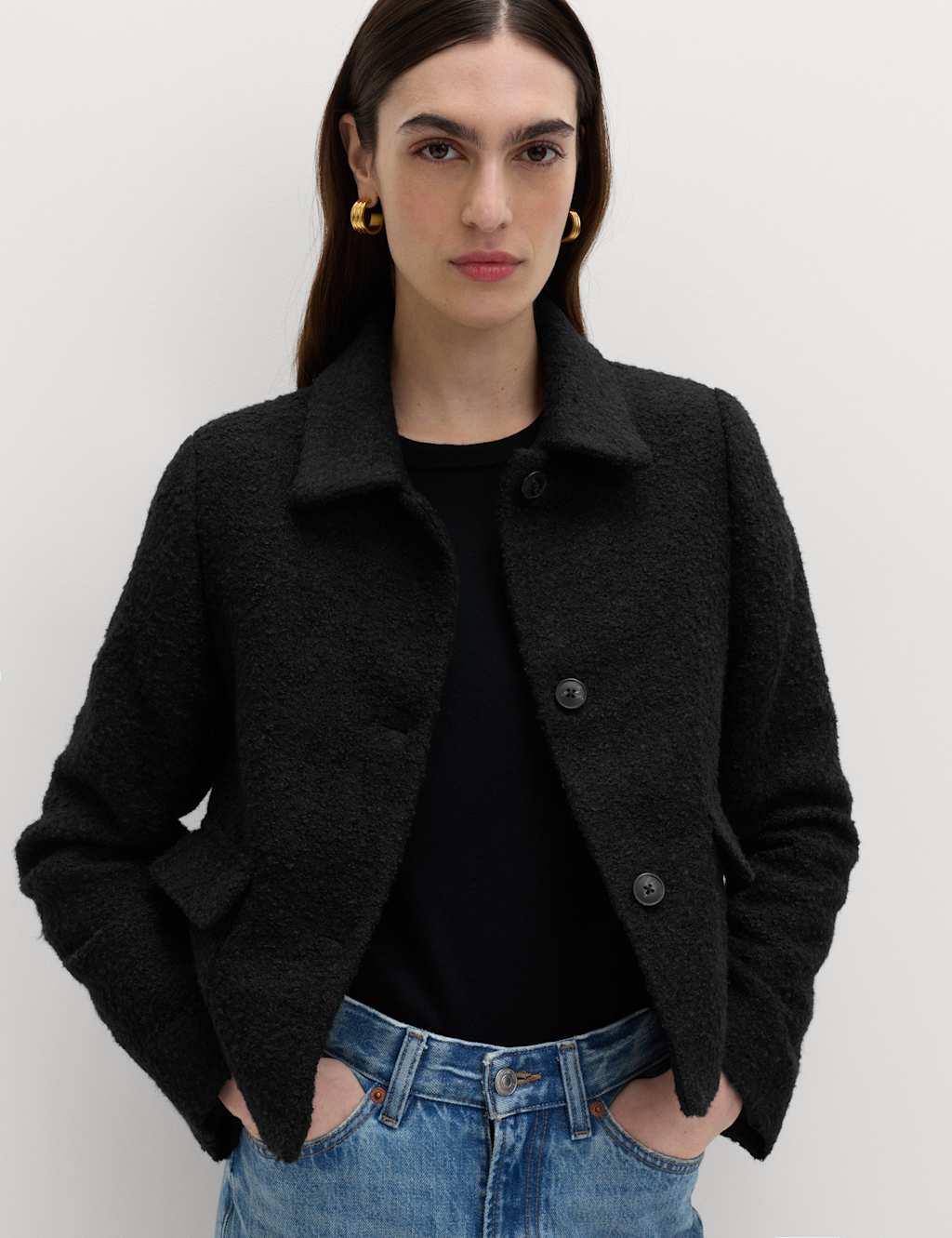 M&S Women's Tweed Textured Collared Jacket with Wool - 6 - Black