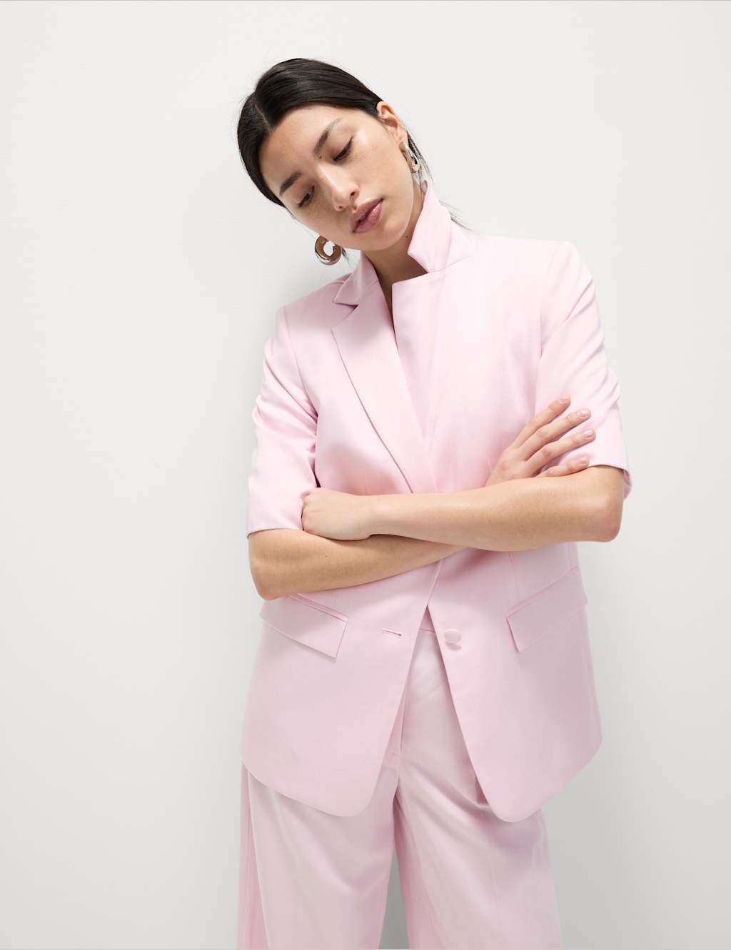 Linen Blend Short Sleeve Single Breasted Blazer