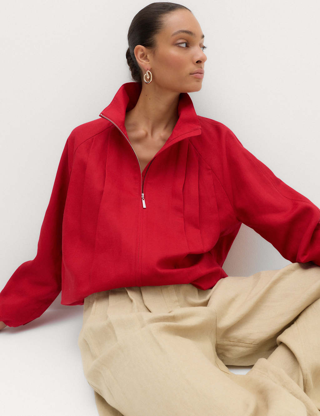 M&S Women's Lyocell Rich Pleated Funnel Neck Jacket - 22 - Red