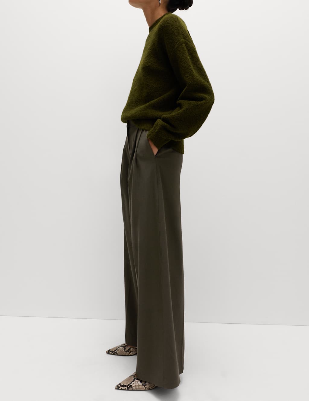 M&S Pleat Front Wide Leg Trousers with Wool Green