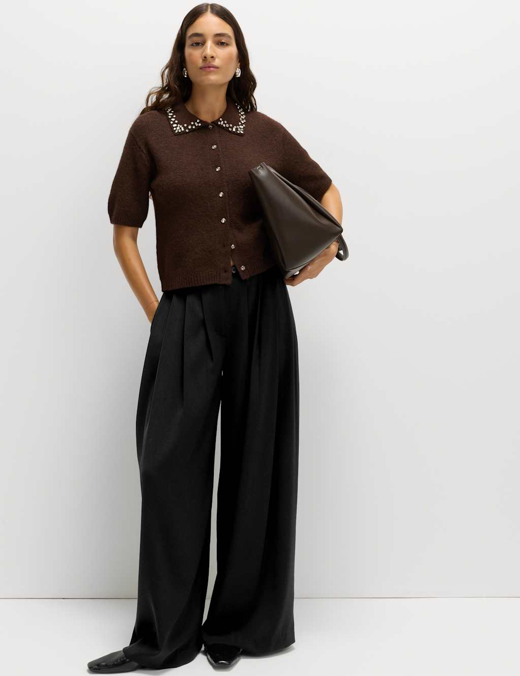M&S Satin Twill Triple Pleat Palazzo Trousers Black
