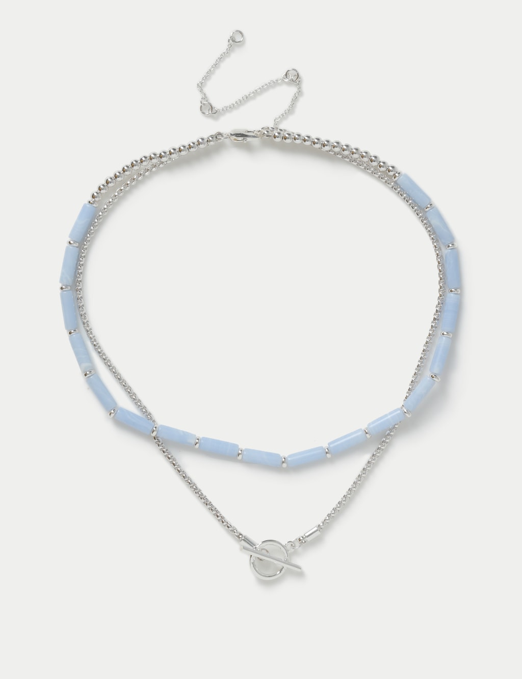 Silver Tone T-Bar and Blue Layering Necklace