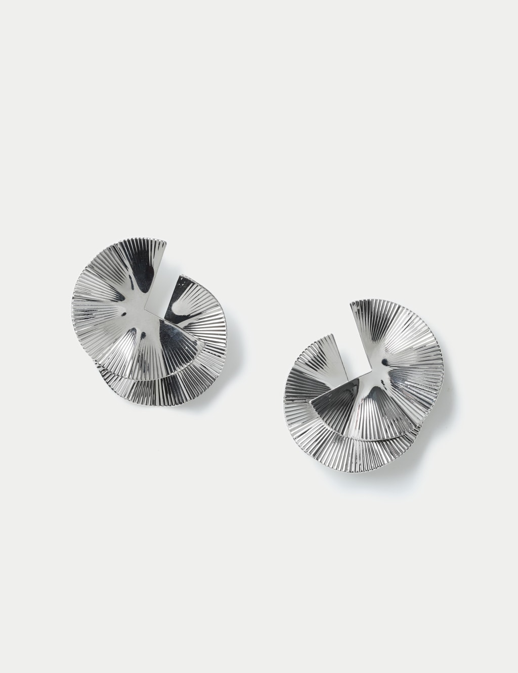 Oversized Rhodium Tone Circular Sector Ridge Earrings