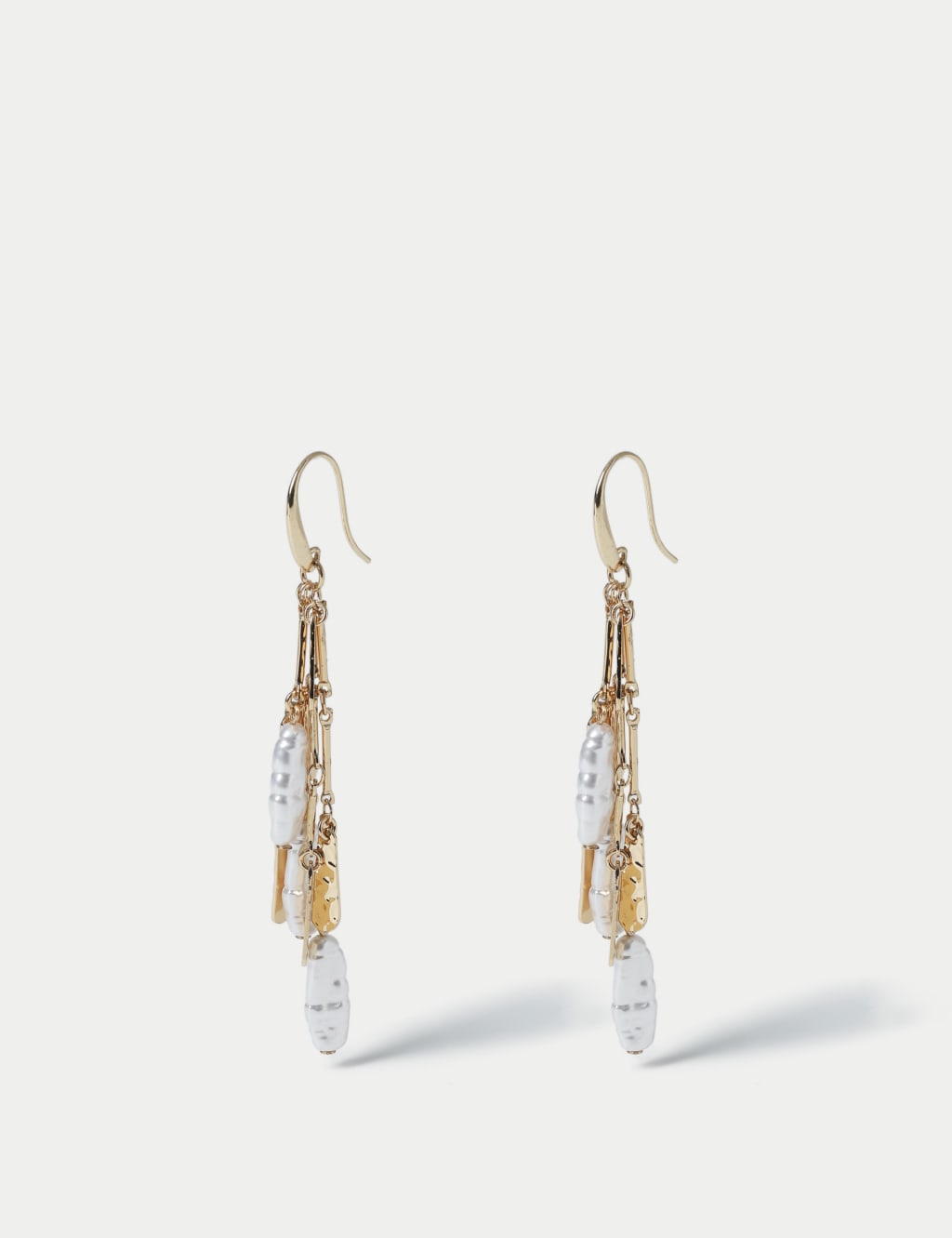 Pearl and Gold Tone Elongated Drop Earrings