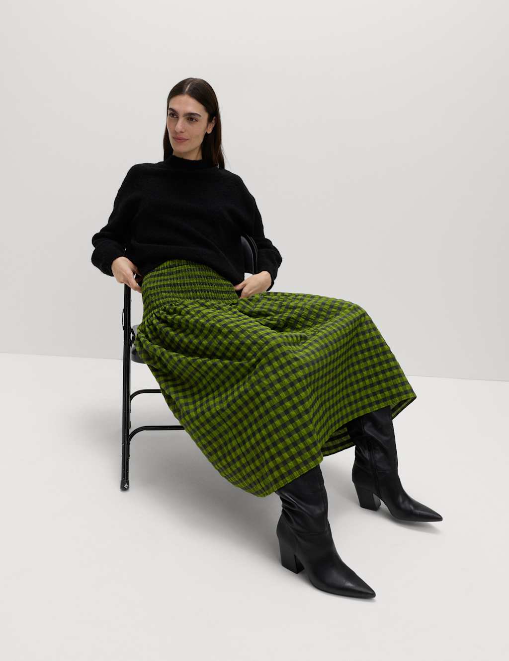 M&S Gingham Midi A-Line Skirt Green Mix