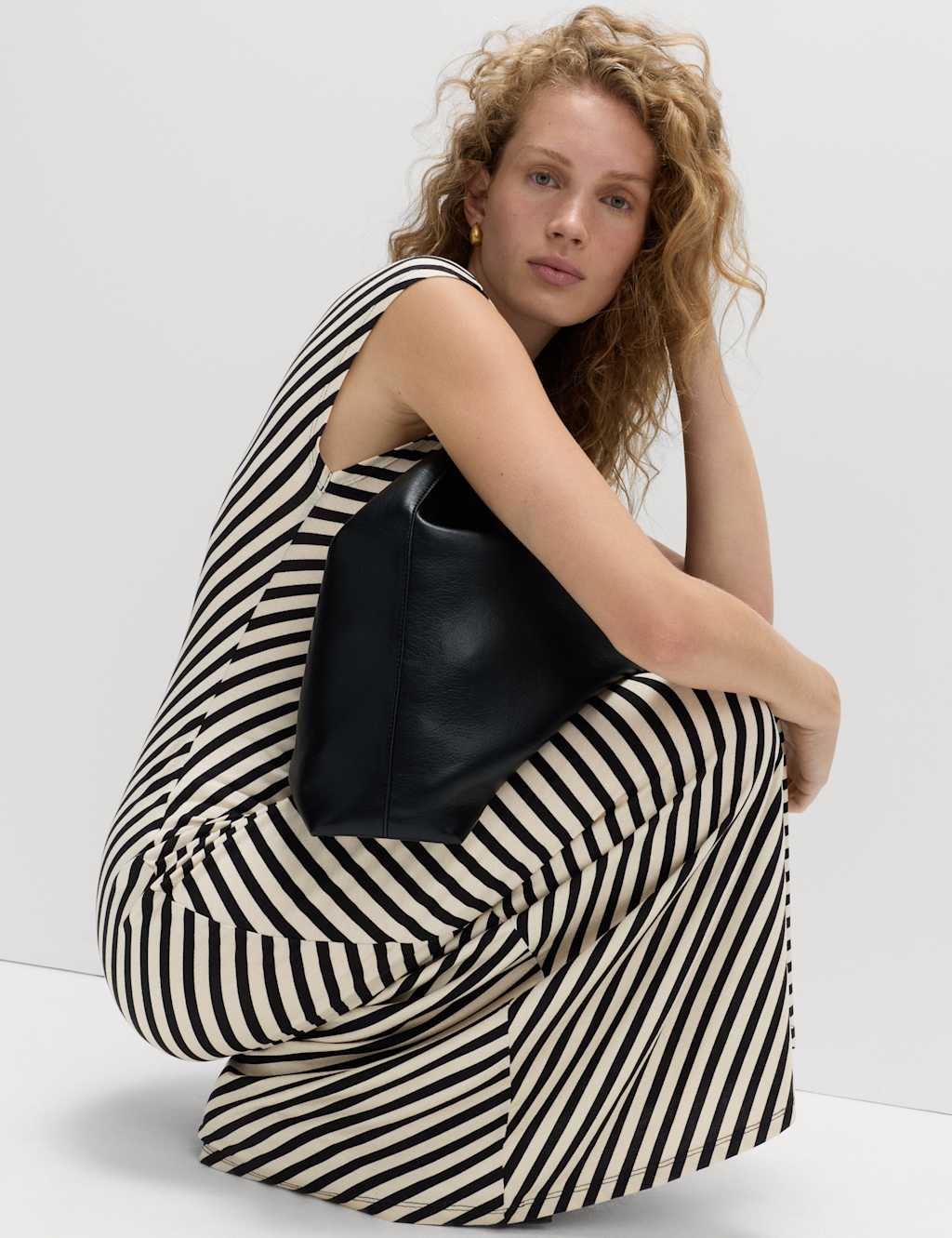 M&S Striped Round Neck Midaxi Skater Dress Ivory Mix