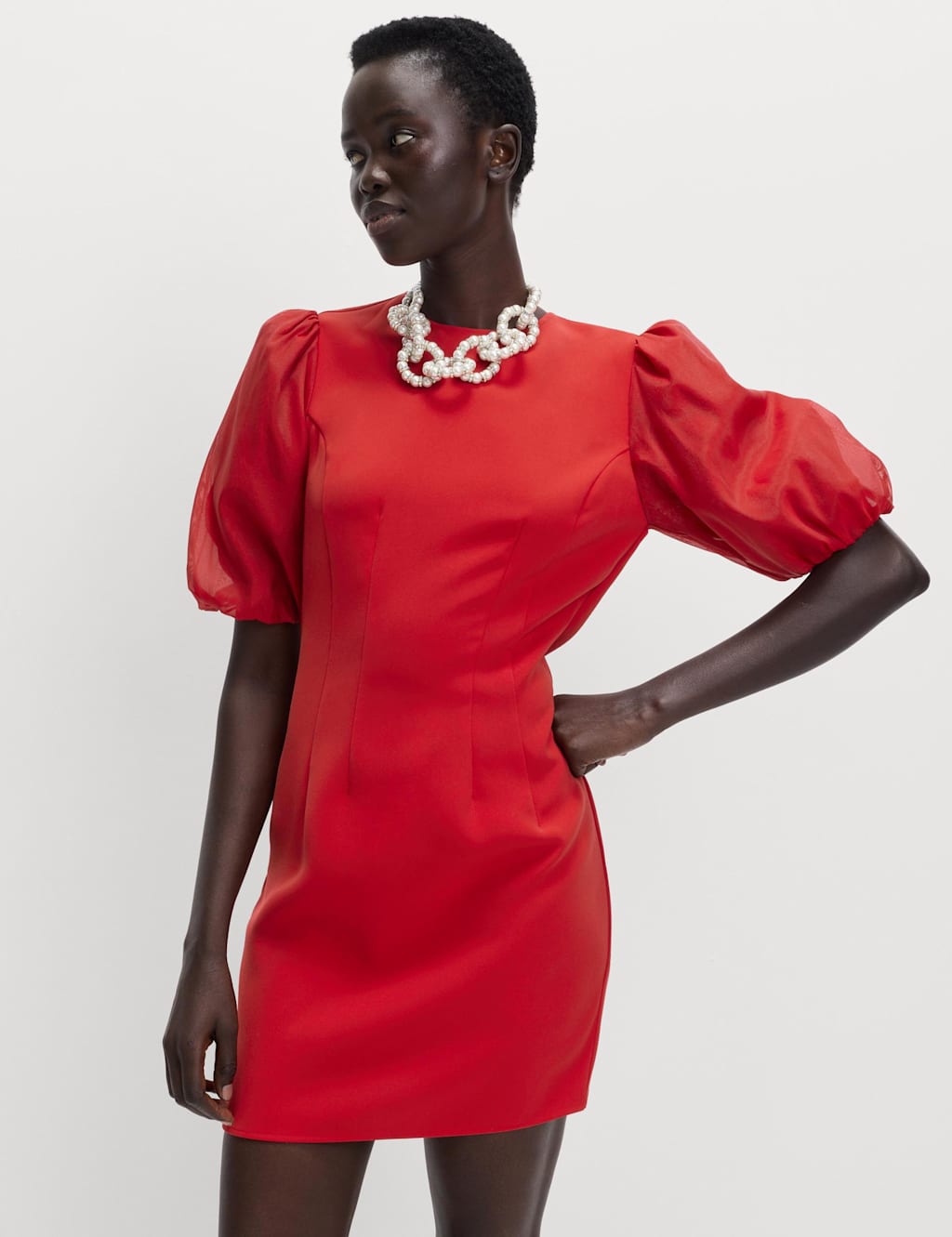 M&S Organza Puff Sleeve Mini Shift Dress Red