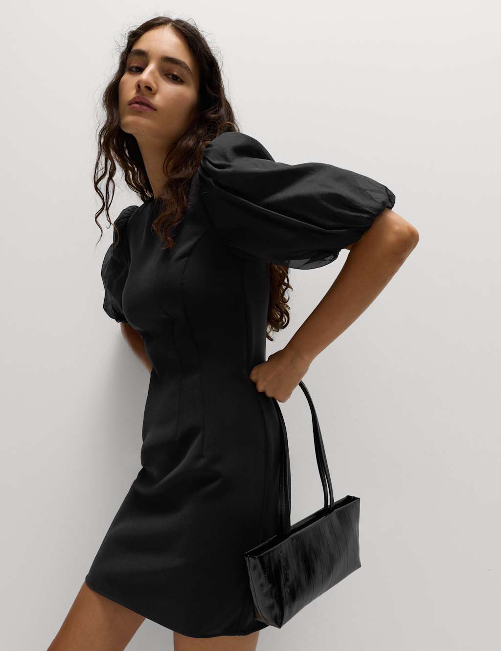 M&S Organza Puff Sleeve Mini Shift Dress Black