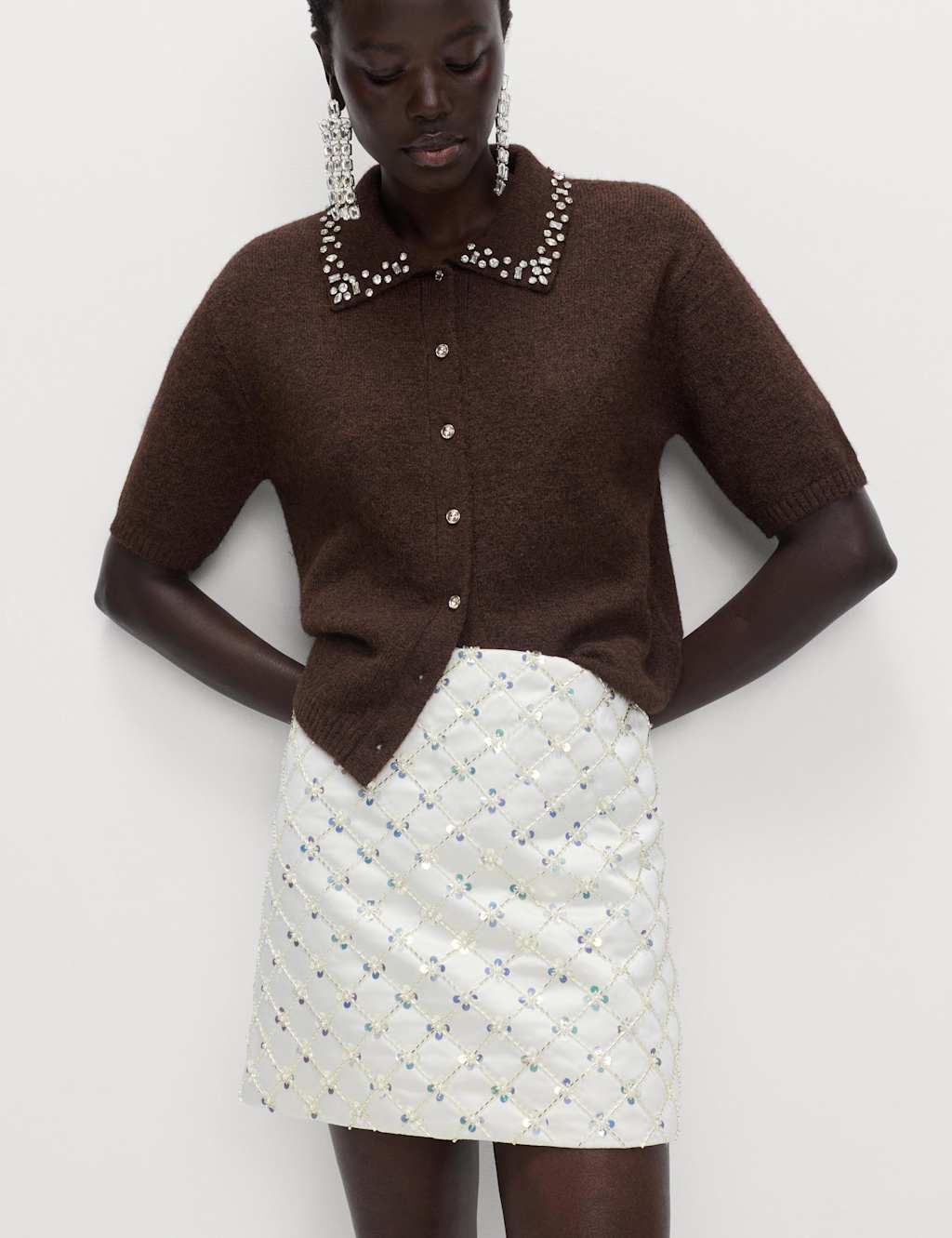 M&S Satin Embellished Mini A-Line Skirt Ivory