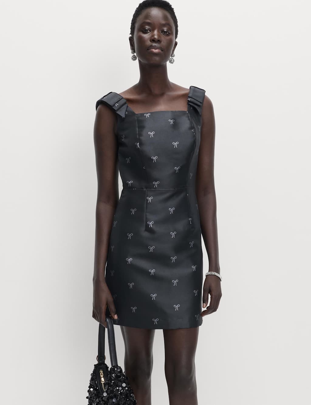 M&S Bow Detail Mini Waisted Dress Black Mix