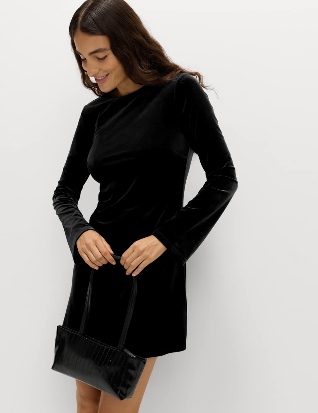 M&S Velvet Mini Skater Dress Black