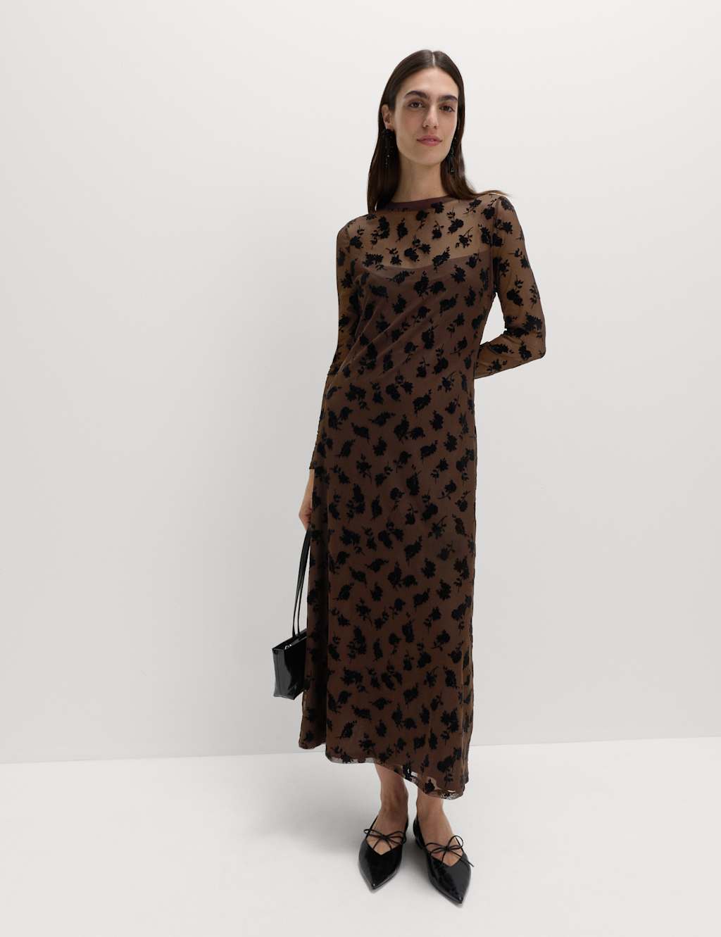 M&S Devor Floral Round Neck Midaxi Dress Brown Mix