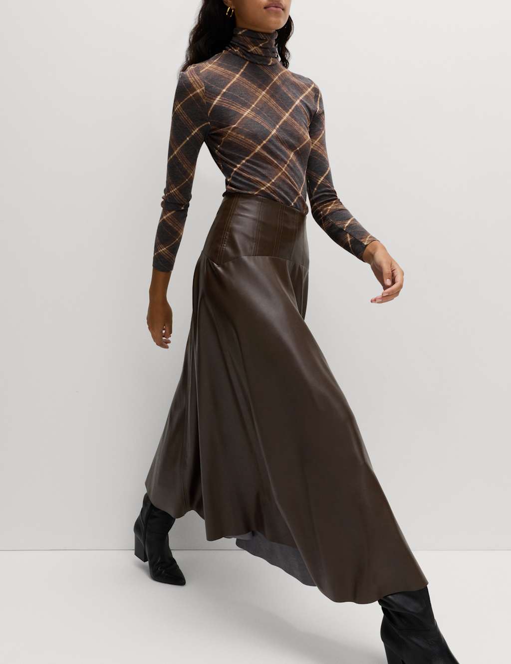 M&S Leather Look Panelled Midaxi Skirt Dark Chocolate