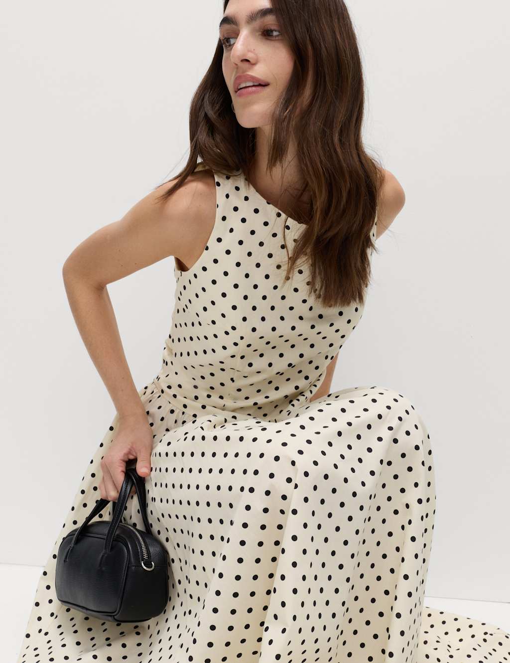 M&S Polka Dot Round Neck Midaxi Waisted Dress Ivory Mix