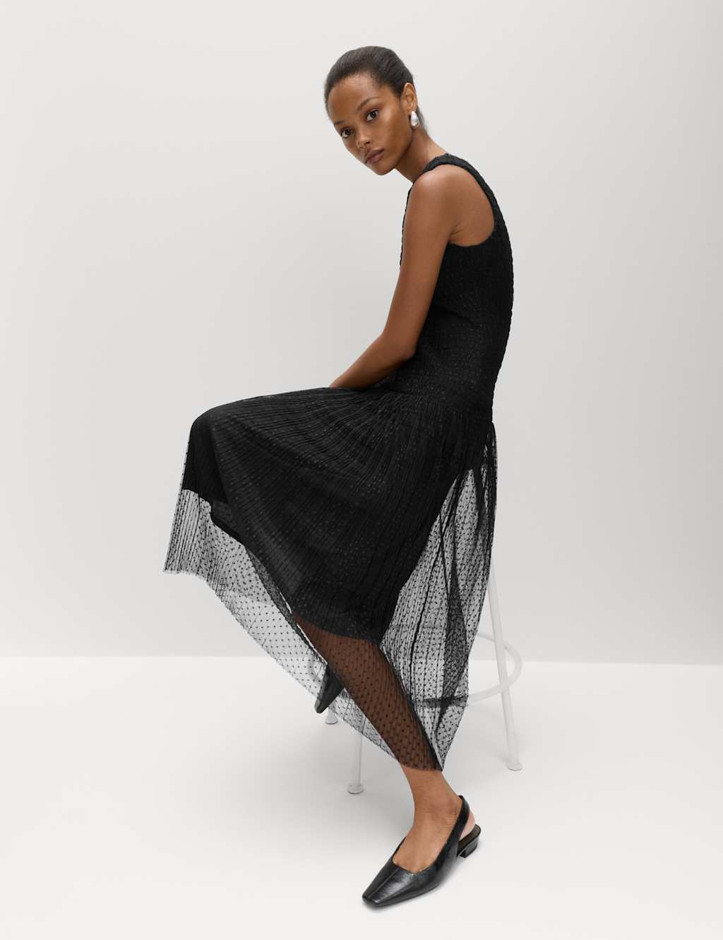 M&S Mesh Jersey Midaxi Shirred Dress Black