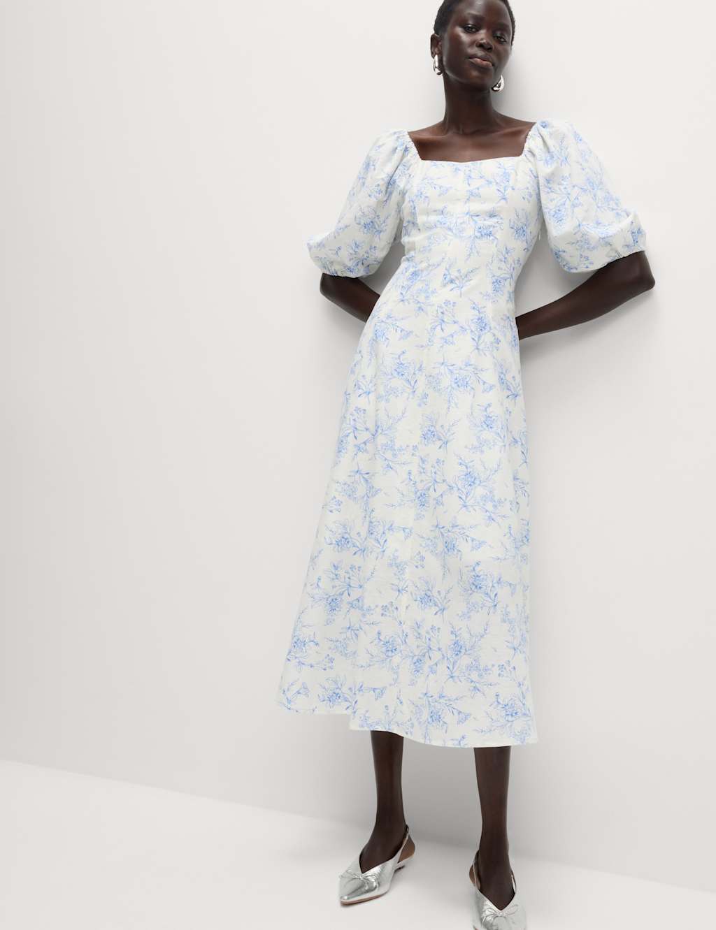 Linen Rich Printed Square Neck Midaxi Dress