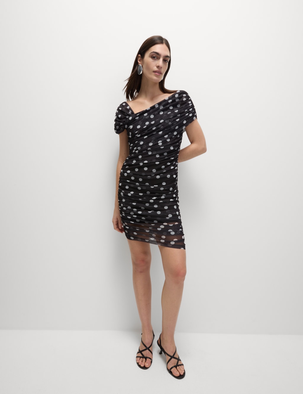 Spot Print Ruched Mini Bodycon Dress